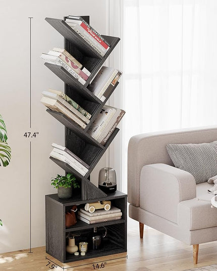 SUNMORY 6 Tier Tree Bookshelf, Small Bookcase with Storage Cabinet, Modern Narrow Bookshelves Organizer, Floor Standing Book Shelf for Bedroom/Living Room/Home Office/Corner, Black - LeafyLoom