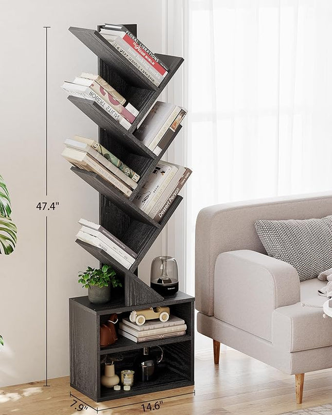 SUNMORY 6 Tier Tree Bookshelf, Small Bookcase with Storage Cabinet, Modern Narrow Bookshelves Organizer, Floor Standing Book Shelf for Bedroom/Living Room/Home Office/Corner, Black - LeafyLoom