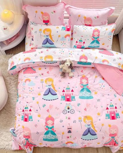 Wajade Kids Pink Princess Comforter Set Bed in A Bag Queen Size 7 Piece Princess Fairy Tales Castle Bedding Set for Girl (1 Comforter, 1 Flat Sheet, 1 Fitted Sheet, 2 Pillowcase and 2 Pillow Sham) - LeafyLoom