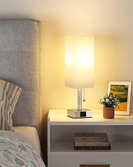 White Small Lamp for Bedroom - 3 Color Temperature 3000K 5000K 4000K Bedside Lamp, Pull Chain Control, USB A and C Charging Ports, Silver Base, for Kids Office Dorm nightstand, Bulb Included - LeafyLoom