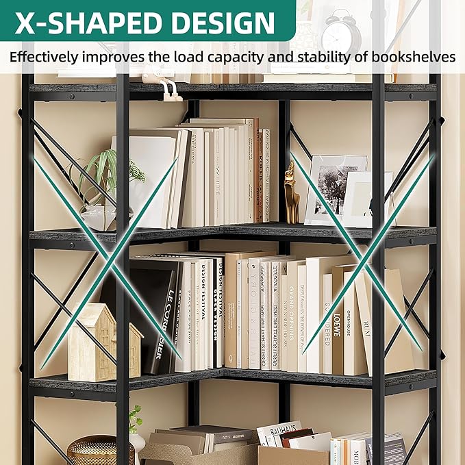 YITAHOME Corner Bookshelf, Industrial Corner Shelf 5 Tier Bookcase, Large Display Rack Storage for Bedroom, Living Room, Home Office,Charcoal Gray + Black - LeafyLoom