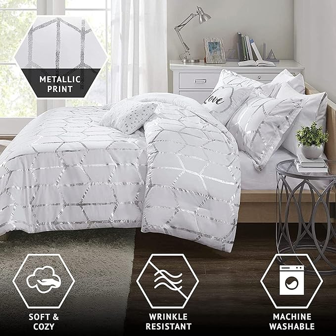Intelligent Design Raina Full / Queen Comforter Set, Soft Microfiber Comforter Set Queen, Modern Geometric Metallic Bed Set, 5 Pieces College Bedding Comforter Set with 2 Shams, 2 Toss Pillows White - LeafyLoom