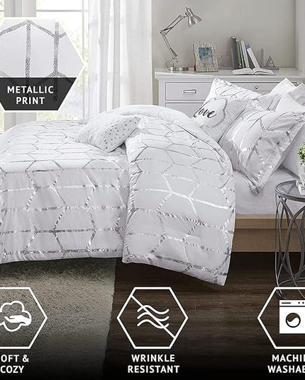 Intelligent Design Raina King / Cal King Comforter Set, Soft Microfiber Comforter Set King, Modern Geometric Metallic Bed Set, 5 Pieces College Bedding Comforter Set with 2 Shams, 2 Toss Pillows White - LeafyLoom