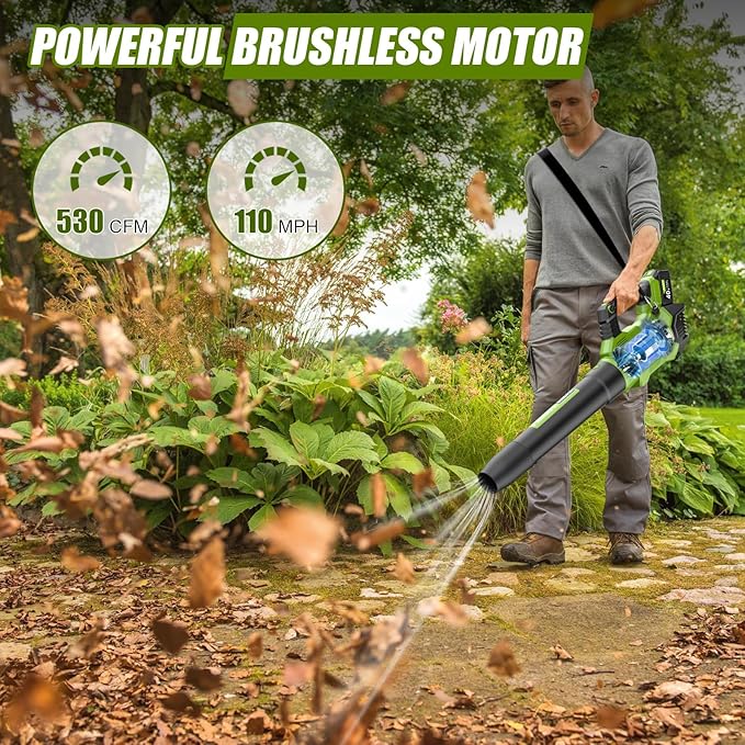 Cordless Leaf Blower - 105 MPH/530CFM, 40V Brushless Electric Leaf Blower with Turbine Fan Technology, 2X 5.0Ah Batteries and Charger with Shoulder Strap for Lawn Care, Yard, Garage Cleaning - LeafyLoom