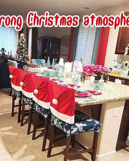 Christmas Chair Covers Set of 4,Red and White Santa Claus Hat Chair Back Covers for Xmas Holiday Festival Indoor Kitchen Bar Counter Stools Decorations Dining Room Table Decor Satxtrem