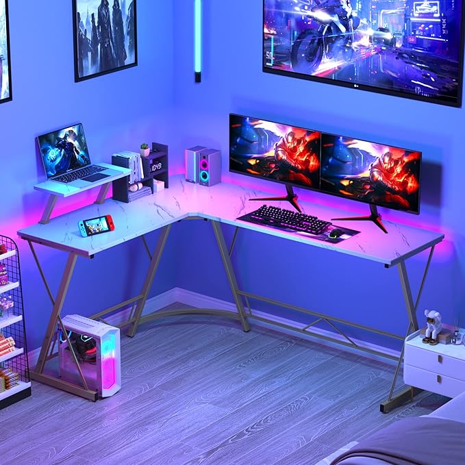 Mr IRONSTONE 63" L Shaped Gaming Desk, Corner Computer Desk, Home Office Writing Desk with Sturdy Monitor Shelf, Spacious L Shaped Desk Workstation, Easy to Assemble, Laminate Marble - LeafyLoom