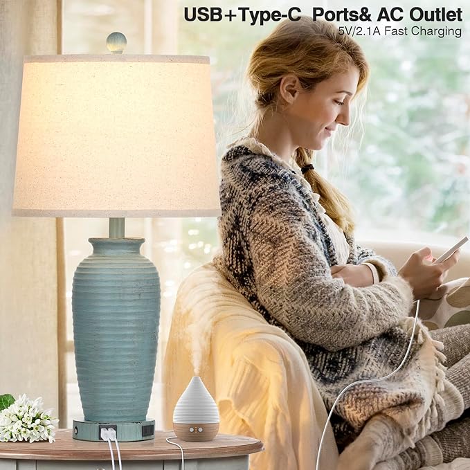 25" Farmhouse Jar Table Lamps Set of 2, 3 Way Touch Control Rustic Bedside Lamps with USB A+C Ports & AC Outlet, Pot Nightstand Lamps for Bedroom Living Room (LED Bulbs Included) - LeafyLoom