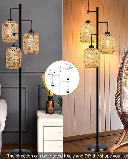 Floor Lamp for Living Room,Bedroom,Boho Rattan Tree 3 Lights Farmhouse Floor Lights,Industrial Black Standing Lamp Wicker Rustic Tall Lamp,Woven Bamboo LampShade Floor Lamps Bohemian - LeafyLoom