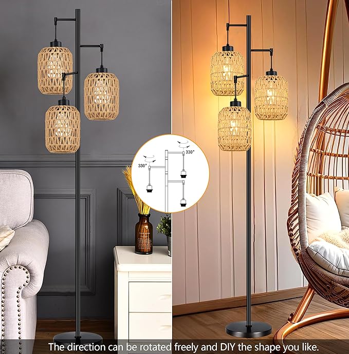 Floor Lamp for Living Room,Bedroom,Boho Rattan Tree 3 Lights Farmhouse Floor Lights,Industrial Black Standing Lamp Wicker Rustic Tall Lamp,Woven Bamboo LampShade Floor Lamps Bohemian - LeafyLoom