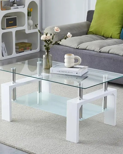 Coffee Table - Rectangle Glass Coffee Table with Simple and Classical Inspired Design, Easy Assembly for Modern Living, 39.5 * 23.5 * 17.5 inches (White) - LeafyLoom