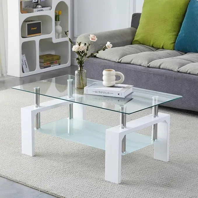 Coffee Table - Rectangle Glass Coffee Table with Simple and Classical Inspired Design, Easy Assembly for Modern Living, 39.5 * 23.5 * 17.5 inches (White) - LeafyLoom