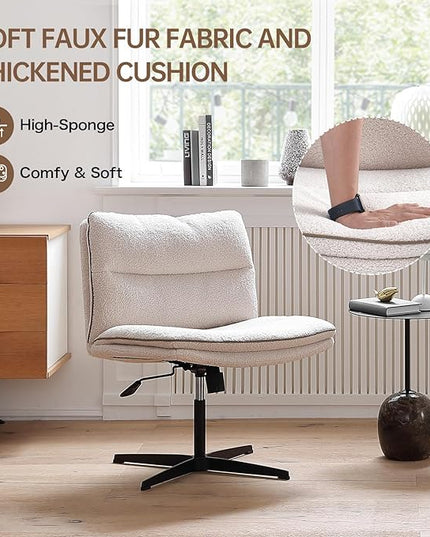 EMIAH Armless Office Desk Chair No Wheels Faux Fur Vanity Mid-Back Ergonomic Home Computer Comfortable Adjustable Swivel Furry Task Chair with Thickened Cushion - LeafyLoom