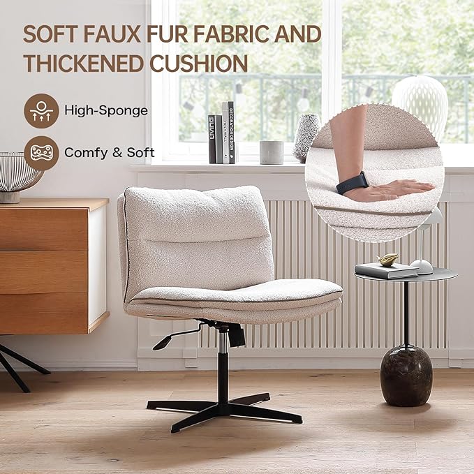 EMIAH Armless Office Desk Chair No Wheels Faux Fur Vanity Mid-Back Ergonomic Home Computer Comfortable Adjustable Swivel Furry Task Chair with Thickened Cushion - LeafyLoom