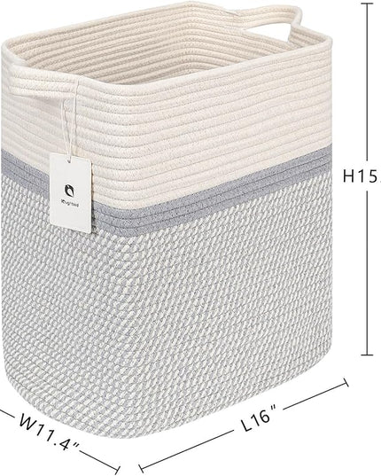 Medium and Large Woven Basket/With Handle, Baskets Laundry Hamper Wicker Tall Cotton Toy Storage Basket,Decorative Basket for Living room,Basket for Toys, 2bag - LeafyLoom