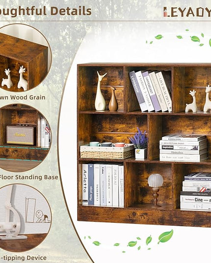 LEYAOYAO 8 Cube Bookshelf with Base,3 Tier Mid-Century Modern Brown Bookcase,Standing Wide Bookshelves Storage Organizer Shelf,Rustic Wood Display Cabinet Book Shelves for Bedroom,Living Room,Office - LeafyLoom