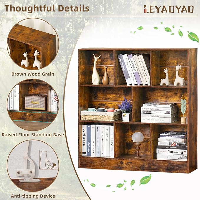 LEYAOYAO 8 Cube Bookshelf with Base,3 Tier Mid-Century Modern Brown Bookcase,Standing Wide Bookshelves Storage Organizer Shelf,Rustic Wood Display Cabinet Book Shelves for Bedroom,Living Room,Office - LeafyLoom