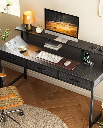 55 inch Computer Desk with 3 Drawers, Office Desk Gaming Desk with LED Lights & Power Outlets, Home Office Desks with Storage Space for Bedroom, Work from Home, Black - LeafyLoom