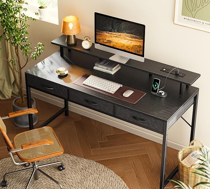 55 inch Computer Desk with 3 Drawers, Office Desk Gaming Desk with LED Lights & Power Outlets, Home Office Desks with Storage Space for Bedroom, Work from Home, Black - LeafyLoom