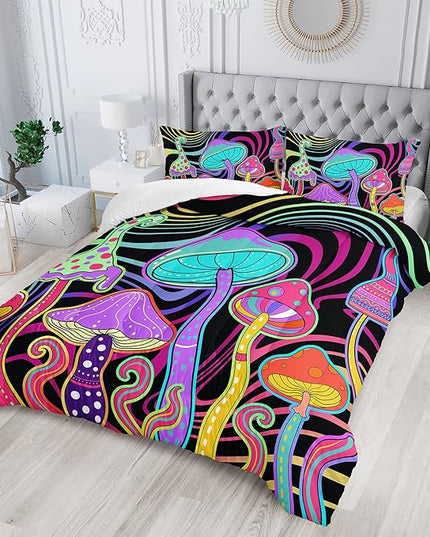 Colorful Mushroom Comforter Set Twin Size Kids 3D Mushroom Bedding Set Cute Hippy Theme Quilt Bed Set for Boys Girls Adults with 1 Comforter and 2 Pillowcases - LeafyLoom