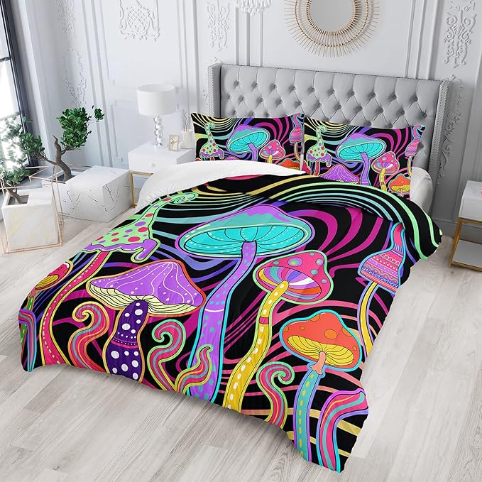 Colorful Mushroom Comforter Set Twin Size Kids 3D Mushroom Bedding Set Cute Hippy Theme Quilt Bed Set for Boys Girls Adults with 1 Comforter and 2 Pillowcases - LeafyLoom