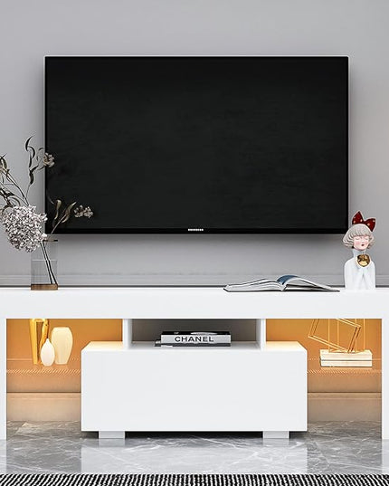 Entertainment Stand Base with LED Light, Multifunctional Media Center Console Table for TVs Up to 55" for Living Room, 51 inch, White - LeafyLoom