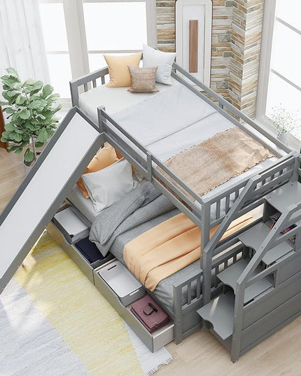 Multifunction Twin Over Full Bunk Bed with Storage Staircase/Two Drawers/Slide/High Guardrail, Solid Wood Bunkbed Furniture for Kids/Teens Bedroom, No Box Spring Needed, Gray - LeafyLoom