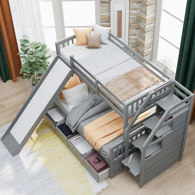 Multifunction Twin Over Full Bunk Bed with Storage Staircase/Two Drawers/Slide/High Guardrail, Solid Wood Bunkbed Furniture for Kids/Teens Bedroom, No Box Spring Needed, Gray - LeafyLoom