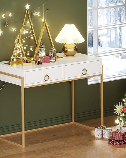 Anmytek Home Office Writing Desk 2 Drawers Storage, Contemporary Makeup Vanity Table Study Desk, W/Matte White and Gold Finish Frame D0003 - LeafyLoom