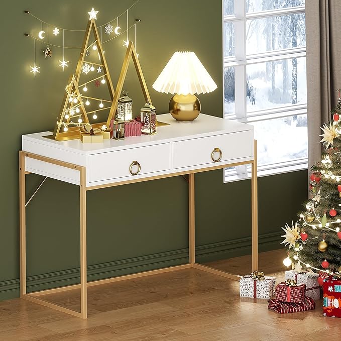 Anmytek Home Office Writing Desk 2 Drawers Storage, Contemporary Makeup Vanity Table Study Desk, W/Matte White and Gold Finish Frame D0003 - LeafyLoom