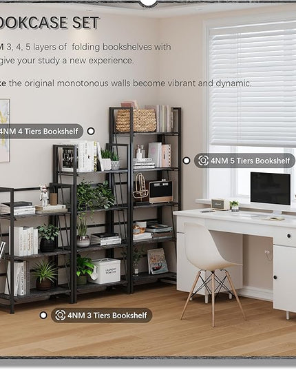 4NM No-Assembly Folding Bookshelf Storage Shelves 3 Tiers Vintage Bookcase Standing Racks Study Organizer Home Office (Gray and Black) - LeafyLoom