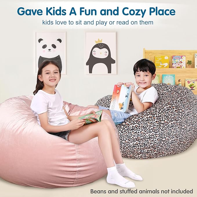 Lukeight Stuffed Animal Storage Bean Bag Chair Cover for Kids, Zipper Beanbag Chair Cover for Organizing Toddler & Kids' Rooms Plush Toys (Leopard Velvet, XX-Large) - LeafyLoom