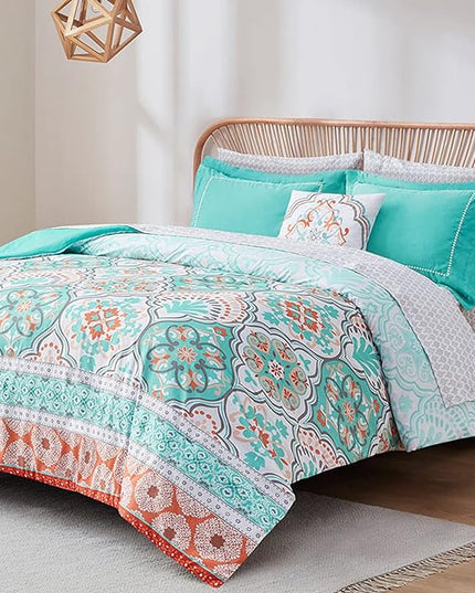 Degrees of Comfort Boho Bed in a Bag Queen Size, Lattice 8 Piece Complete Comforter Set with Sheet for Teenage Girl, Microfiber Teal Bedding Set with Side Pockets, Matching Decorative Pillow, Aqua - LeafyLoom