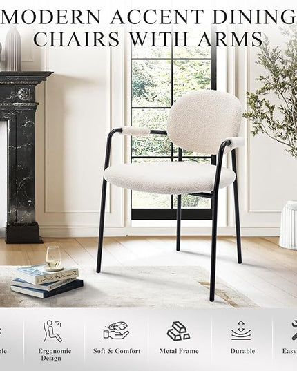 COLAMY Dining Chairs Set of 4, Boucle Dining Chairs with Arms, Comfy Small Sherpa Dining Armchairs with Back for Kitchen, Dining Room, Restaurant, Cream - LeafyLoom