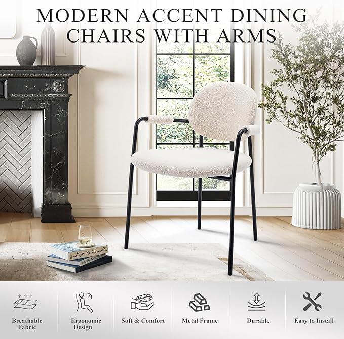 COLAMY Dining Chairs Set of 4, Boucle Dining Chairs with Arms, Comfy Small Sherpa Dining Armchairs with Back for Kitchen, Dining Room, Restaurant, Cream - LeafyLoom