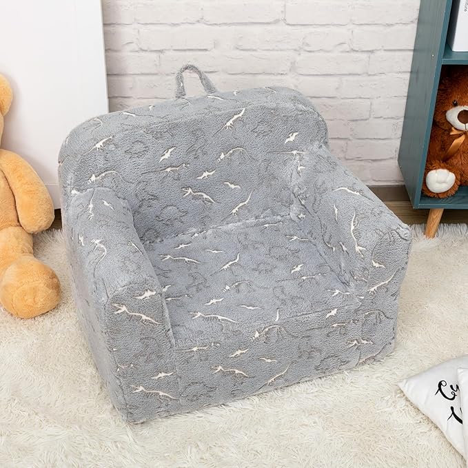 ALIMORDEN Kids Ultra-Soft Snuggle Foam Filled Chair, Glow-in-The-Dark Dinosaurs Fossil Pattern Toddler Cuddly Sherpa Reading Couch for Boys and Girls - LeafyLoom
