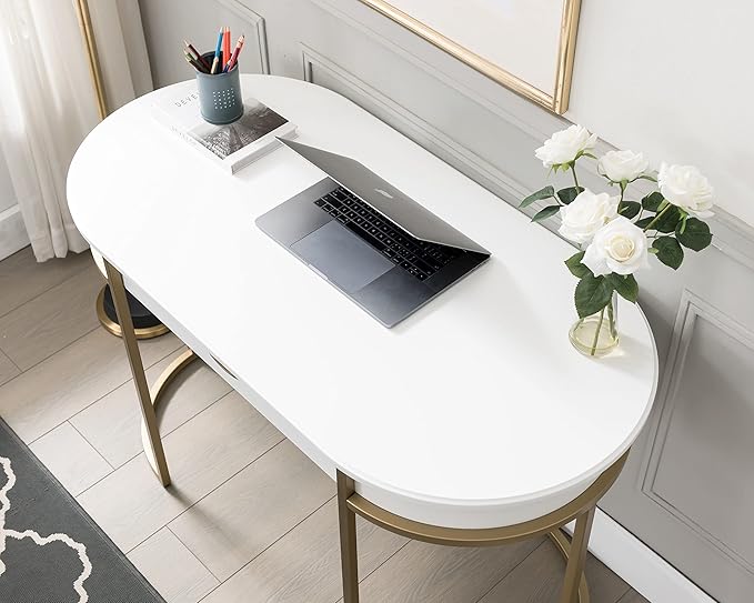 Leick Home 85405 Home Office Computer Desk with Dropfront Keyboard Drawer, Furniture, Cottage White/Gold - LeafyLoom