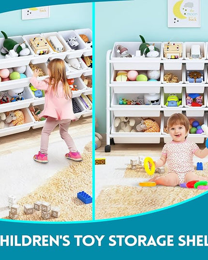 Kids Toy Storage Organizer with 20 Plastic Bins, 4-Tier Metal Toy Storage Rack, Extra Large Toy Organizer and Storage Bins for Kids Room, Playroom and Nursery, White - LeafyLoom