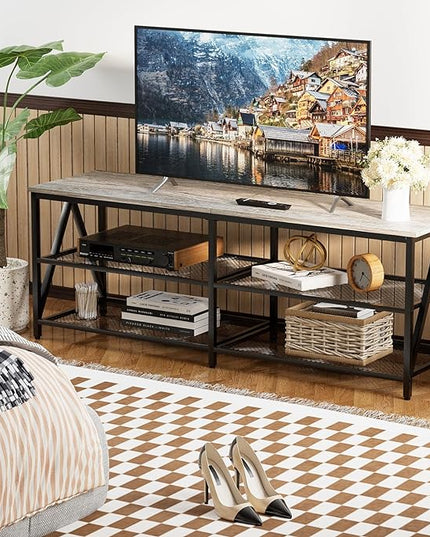 TV Stand for 60 65 Inch TV, Long 55" Entertainment Center 3-Tier TV Console Steel Frame Industrial Style TV Cabinet with Metal Frame for Living Room, Gray - LeafyLoom