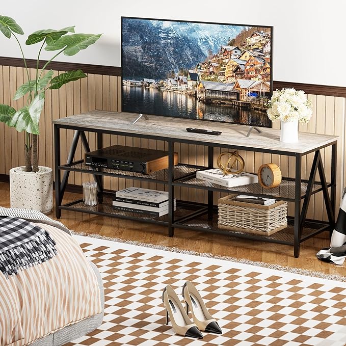 TV Stand for 60 65 Inch TV, Long 55" Entertainment Center 3-Tier TV Console Steel Frame Industrial Style TV Cabinet with Metal Frame for Living Room, Gray - LeafyLoom