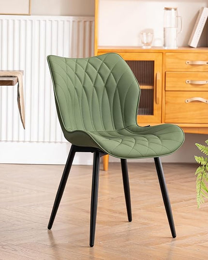 YOUNIKE Dining Chairs Set of 2, Upholstered Faux Leather Kitchen Dining Room Chairs, Modern Living Room Bedroom Side Chairs with Wide Curved Back and Metal Legs, Olive Green - LeafyLoom
