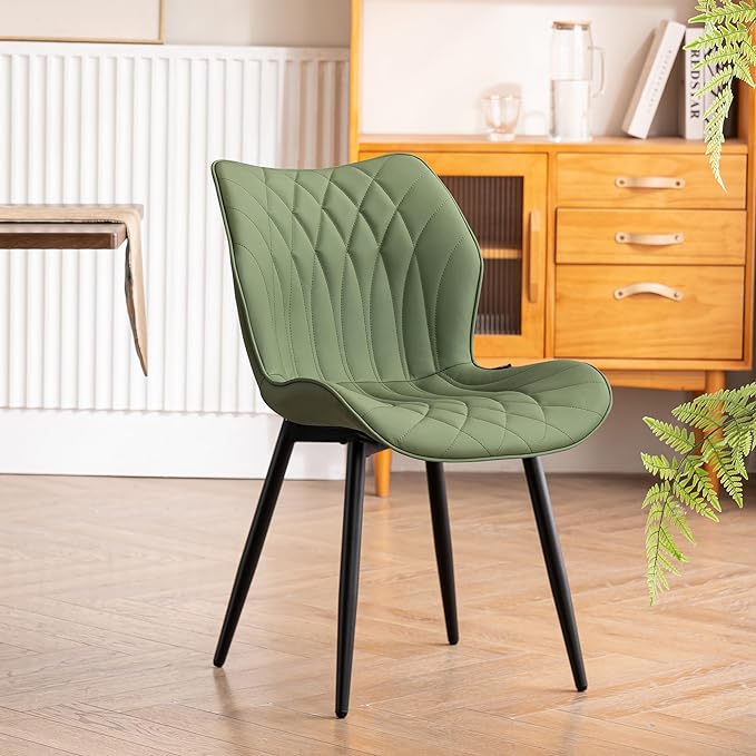 YOUNIKE Dining Chairs Set of 2, Upholstered Faux Leather Kitchen Dining Room Chairs, Modern Living Room Bedroom Side Chairs with Wide Curved Back and Metal Legs, Olive Green - LeafyLoom