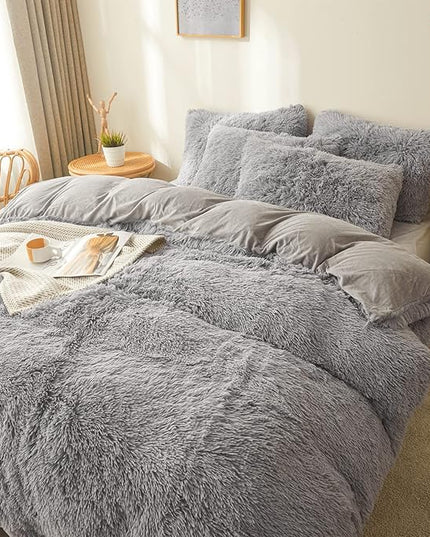 FOPPA Gray fluffy Comforter Cover Set king- Ultra Soft fluffy gray Bedding Sets 3 Pieces (1 Duvet Cover + 2 Pillow case) pink fluffy bed set (Gray, King) - LeafyLoom