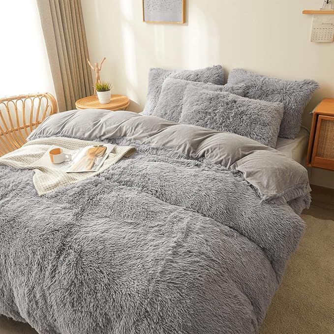 Fluffy gray comforters Cover twin size - Ultra Soft Plush gray bedding Sets 2 Pieces (1 faux fur comforter Cover + 1 fuzzy pillow case) girls shaggy gray twin bed set (Gray, Twin) - LeafyLoom