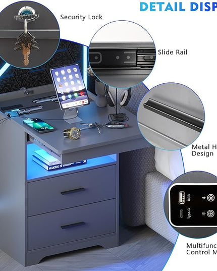 LED Nightstand with Gun Drawer, Modern Beside Table with Charging Station, Auto Sensor 3 Color Dimmable Night Stand with Open Compartment for Bedroom (Grey) - LeafyLoom