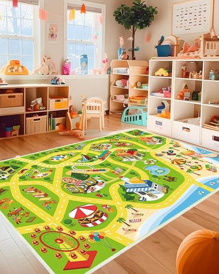 Kids Carpet Car Rug Play Mat for Playroom - 63"x 94" Non Slip Washable Kids Road Rug for Kids- Kids Educational Rug Ideal Gift for Toddler Classroom Boys Girls Bedroom Decor(Green) - LeafyLoom