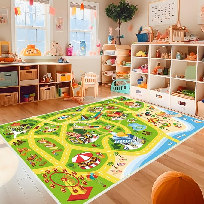 Kids Carpet Car Rug Play Mat for Playroom - 63"x 94" Non Slip Washable Kids Road Rug for Kids- Kids Educational Rug Ideal Gift for Toddler Classroom Boys Girls Bedroom Decor(Green) - LeafyLoom