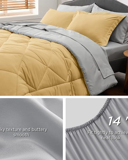 Bedsure Yellow California King Size Comforter Set - 7 Pieces Reversible Cal King Bed in a Bag California King Bed Set with Comforters, Sheets, Pillowcases & Shams, - LeafyLoom