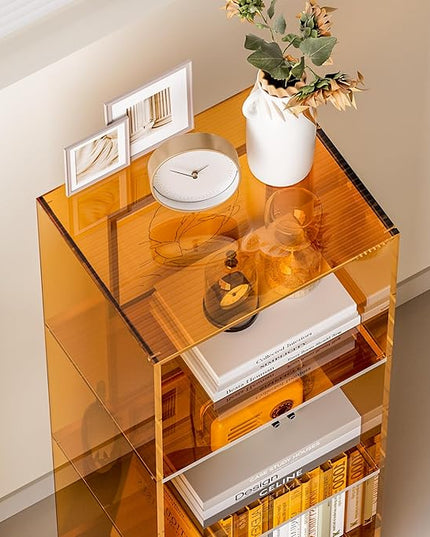 Acrylic Bookcase, 3 Tier Clear Floor Standing Bookshelf, 31.5 inch Tall Display Cube Storage Shelf Home Decor Furniture for Home, Office, Living Room, Bedroom - Transparent Orange - LeafyLoom