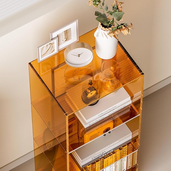 Acrylic Bookcase, 3 Tier Clear Floor Standing Bookshelf, 31.5 inch Tall Display Cube Storage Shelf Home Decor Furniture for Home, Office, Living Room, Bedroom - Transparent Orange - LeafyLoom
