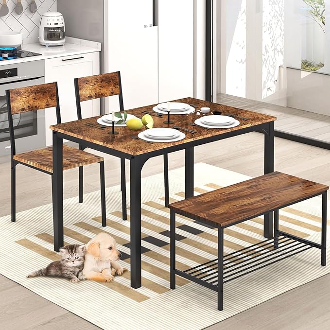 SogesHome Home Kitchen Table Set for 4, Compact Dining Table Chair Set, 4 Pieces Table Chair Bench Set for Small Place, Apartment, Vintage Brown - LeafyLoom